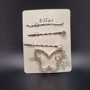 GOLD butterfly rhinestone studded pearl hair bobby pins